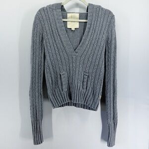 Vintage Y2K Hollister Wool Blend Grey Cable Knit Deep V-Neck Hooded Sweater